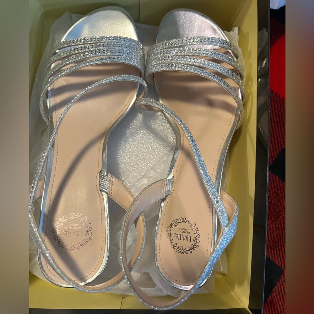 Imiller Nalda, women mid low block heel sandals, shoes open, silver, size 10